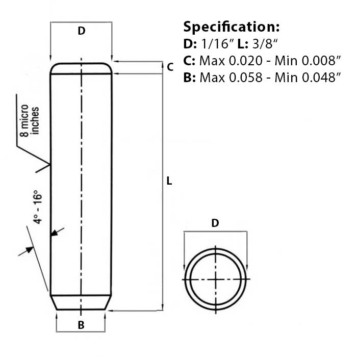 Screw guide for 1/16” x 3/8”, Metal Dowel Pin, Hard & Ground, ANSI B18.8.2