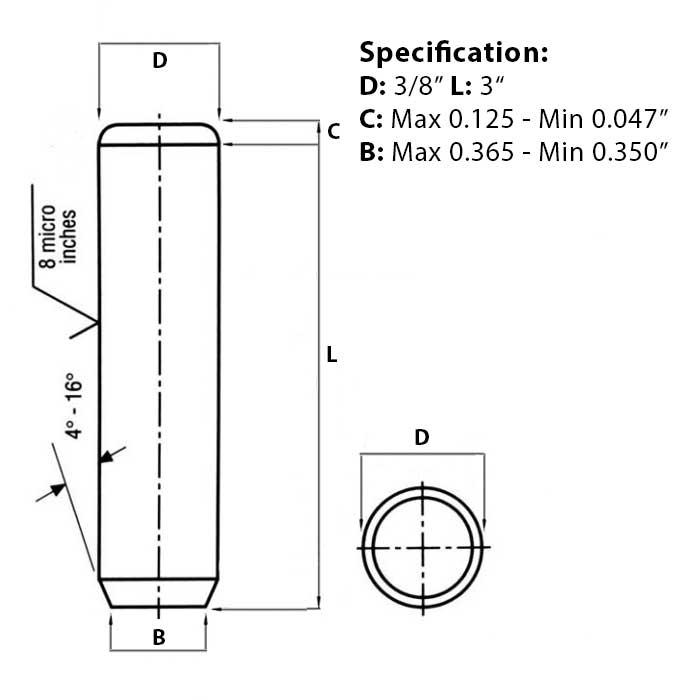 Screw guide for 3/8” x 3”, Metal Dowel Pin, Hard & Ground, ANSI B18.8.2