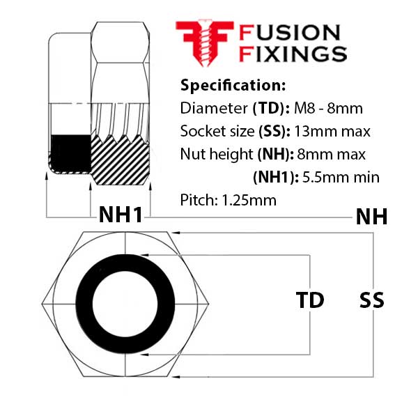 Size guide for M8 Nyloc Nut (Nylon Insert Nut) T Type, BZP Grade 6, DIN 985