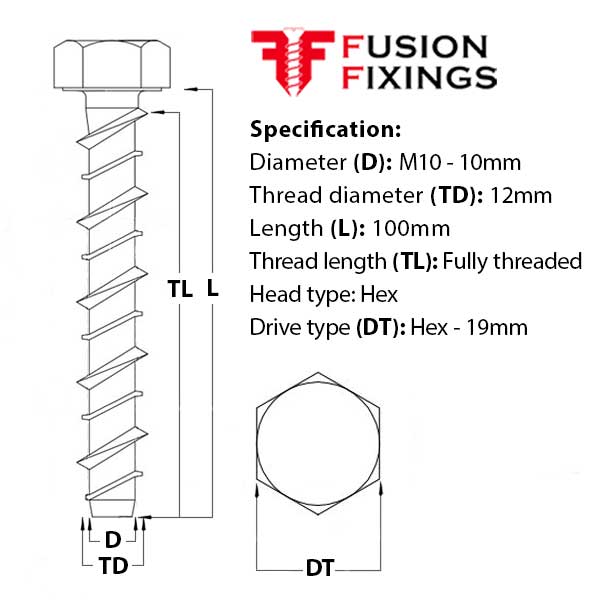 Size guide for the M10 (12mm) x 100mm Hex Head Concrete Ankerbolt, BZP Grade 8.8 steel