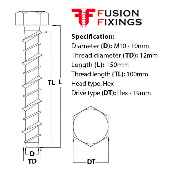 Size guide for the M10 (12mm) x 150mm Hex Head Concrete Ankerbolt, BZP Grade 8.8 steel