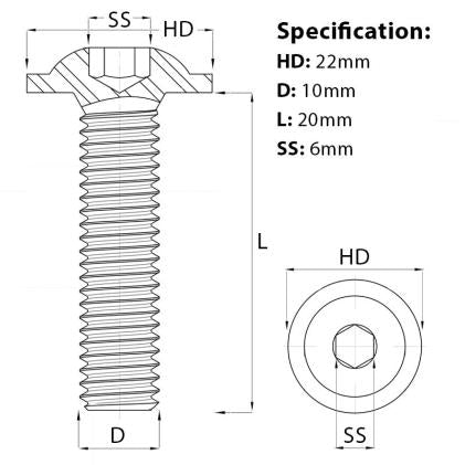 Size diagram for the M10 x 20mm Flanged Socket Button Head Screw, Self-Colour, Grade 10.9