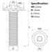 Size diagram for the M10 x 25mm Flanged Socket Button Head Screw, BZP, Grade 10.9, ISO 7380-2