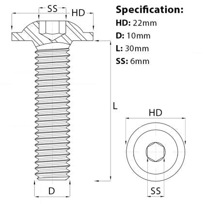 Size diagram for the M10 x 30mm Flanged Socket Button Head Screw, manufactured with in BZP, Grade 10.9 steel, ISO 7380-2.