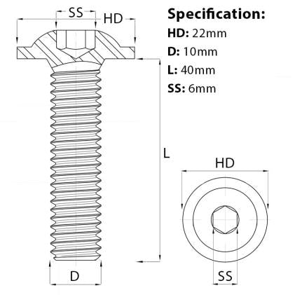 Size diagram for the M10 x 40mm Flanged Socket Button Head Screw, BZP, Grade 10.9