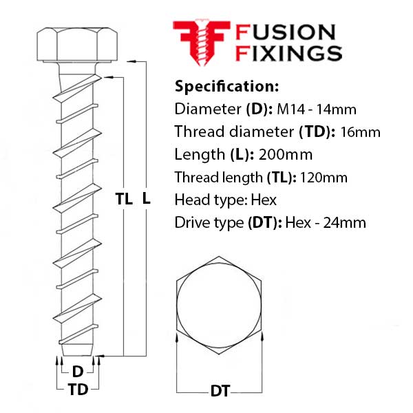 Size guide for the M14 (16mm) x 200mm Hex Head Concrete Ankerbolt, BZP Grade 8.8 steel