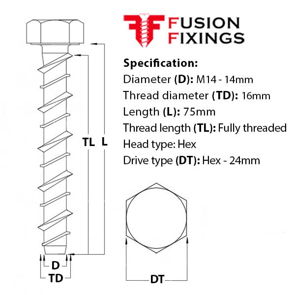 Size guide M14 (16mm) x 75mm Hex Head Concrete Ankerbolt, BZP Grade 8.8 steel