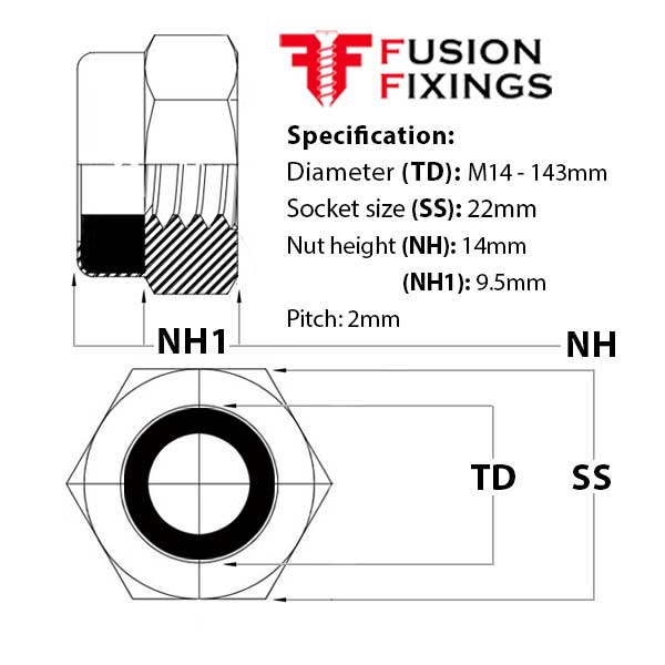 M14 Nyloc Nut, Nylon Insert Nut - T Type (Standard) - Grade 8 Steel - HDGV Galvanised, DIN 985