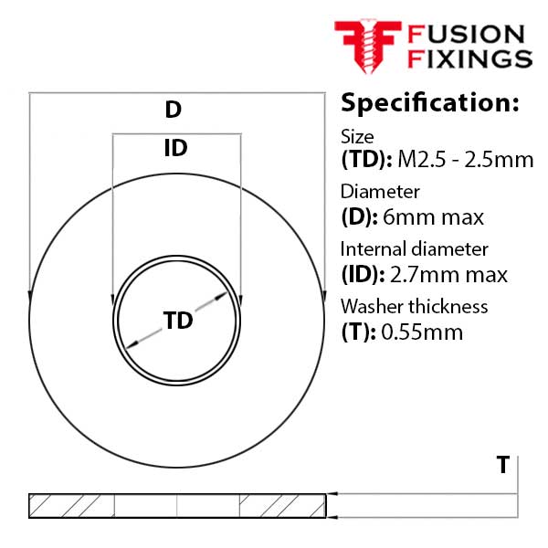 M2.5 Form A Flat Washer (standard) Metric, HV140 Mild Steel, BZP, DIN 125 A