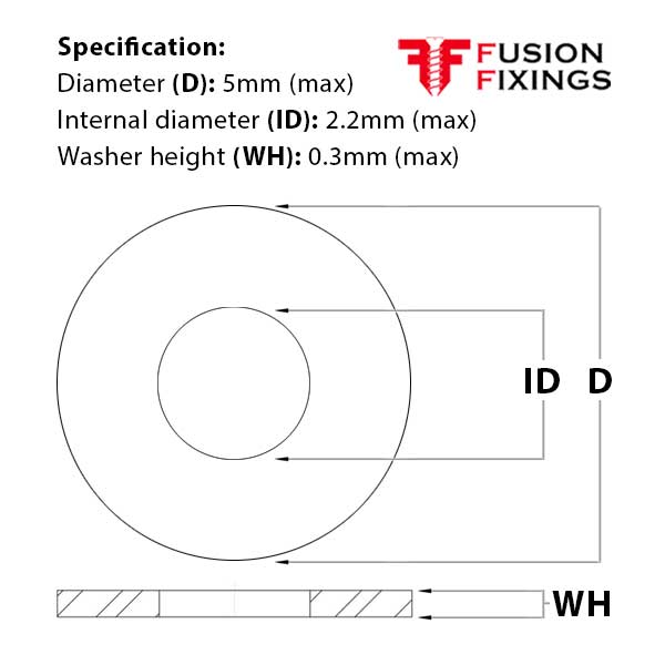 Size guide for the M2 Form A Flat Washer, A2 Stainless Steel, DIN 125