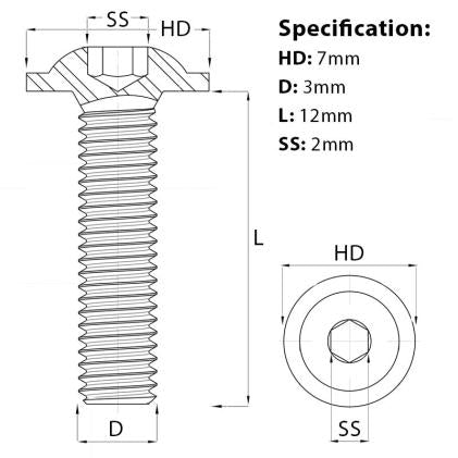 Size diagram for the M3 x 12mm Flanged Socket Button Head Screw, BZP, Grade 10.9