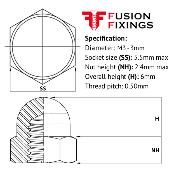 Size guide for the M3 Hexagon Dome Nut Metric Brass, DIN 1587