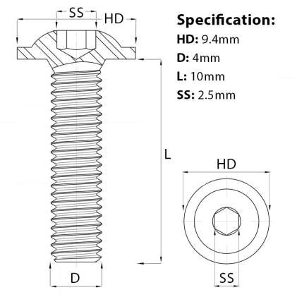 Size guide for the M4 x 10mm Flanged Socket Button Head Screw, Self-Colour, Grade 10.9