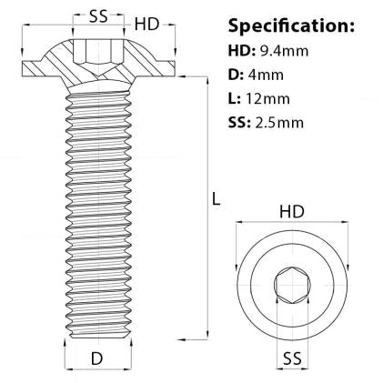 Size guide for the M4 x 12mm flanged socket button head screw. Manufactured in a self-colour grade 10.9