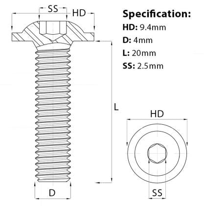 Size diagram for the M4 x 20mm Flanged Socket Button Head Screw, BZP, Grade 10.9