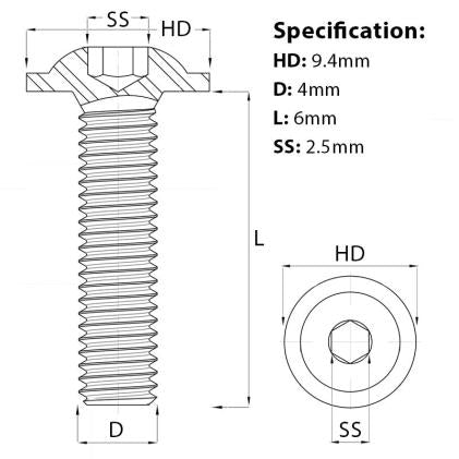 Size diagram for the M4 x 6mm Flanged Socket Button Head Screw Self Colour Grade 10.9