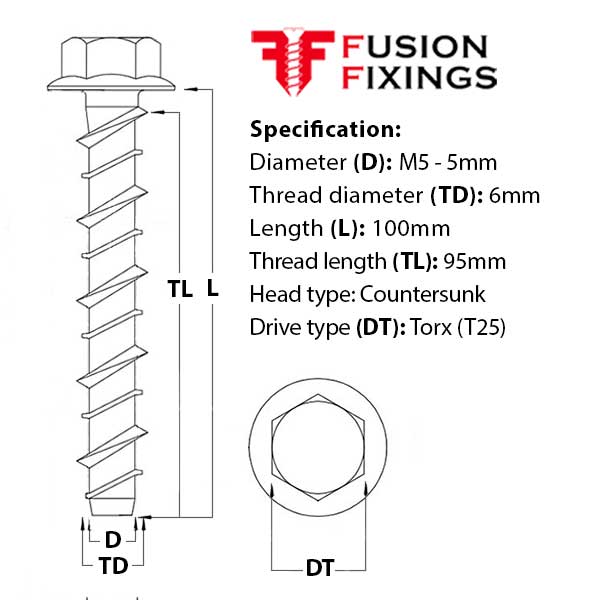 Size guide for the M5 (6mm) x 100mm Countersunk Ankerbolt, Concrete Bolt, Torx (T25) Grade 8.8 BZP