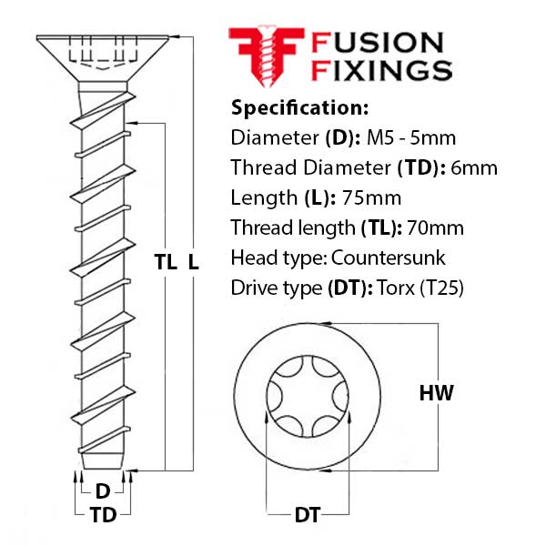 Size guide for the M5 (6mm) x 75mm Countersunk Ankerbolt, Concrete Bolt, Torx (T25) Grade 8.8 BZP