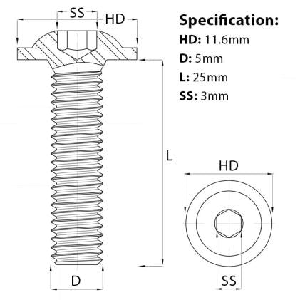 Size diagram for the M5 x 25mm Flanged Socket Button Head Screw, BZP, Grade 10.9