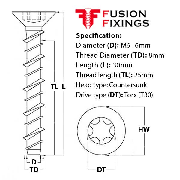 Size guide for the M6 (8mm) x 30mm Countersunk Ankerbolt, Concrete Bolt, Torx (T30) Grade 8.8 BZP