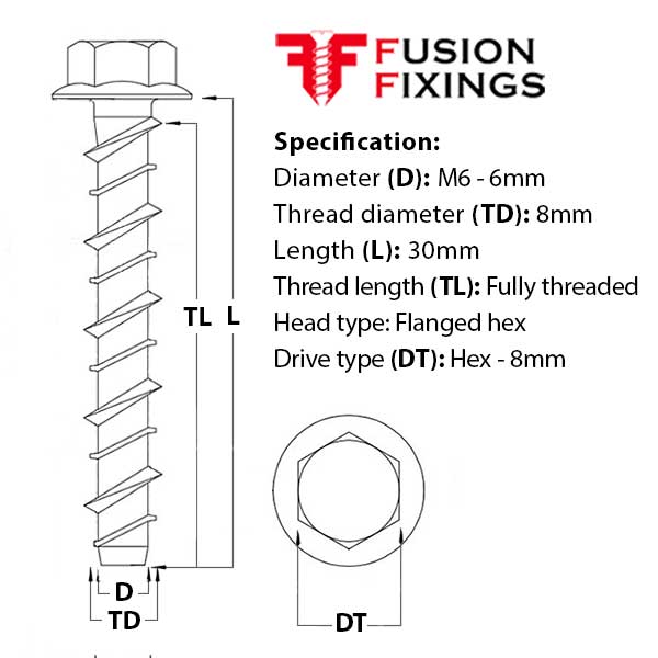 Size guide for the M6 (8mm) x 30mm Hex Flange Ankerbolt, Concrete Bolt, Grade 8.8 BZP