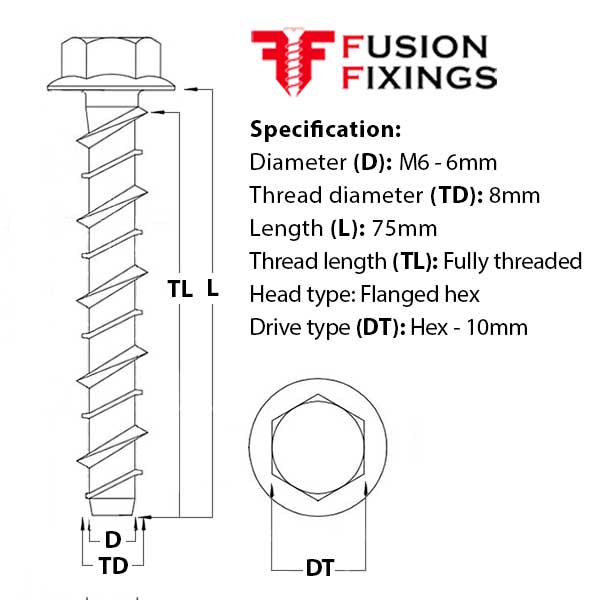 Size guide for the M6 (8mm) x 75mm Hex Flange Ankerbolt, Concrete Bolt, Grade 8.8 BZP