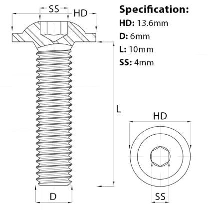 Size diagram for the M6 x 10mm Flanged Socket Button Head Screw in A2 Stainless Steel