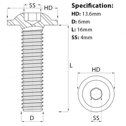 Size diagram for the M6 x 16mm Flanged Socket Button Head Screw in A2 Stainless Steel ISO 7380-2