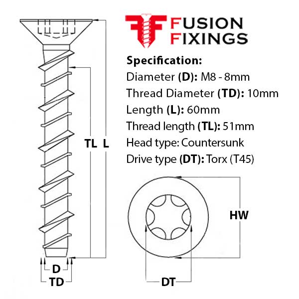 Size guide for the M8 (10mm) x 60mm Countersunk Ankerbolt, Concrete Bolt, Torx (T45) Grade 8.8 BZP