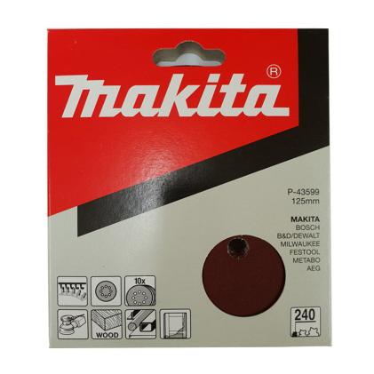 Product image for the Makita 125mm Sanding Discs (8 holes), 240 Grit, Pack of 10, P-43599. Part of a growing range of sanding discs from Fusion Fixings