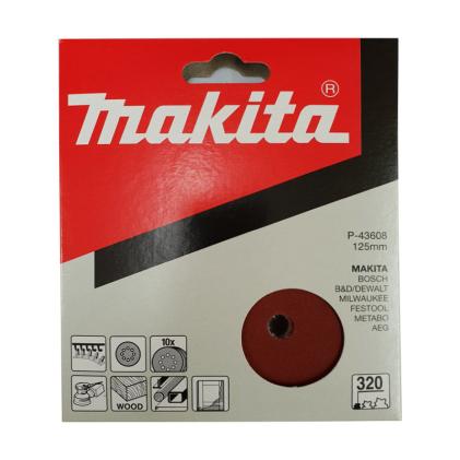 Makita 125mm Sanding Discs (8 holes), 320 Grit, Pack of 10, P-43608