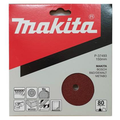 Makita 150mm Sanding Discs (6 holes), 80 Grit, Pack of 10, P-37493