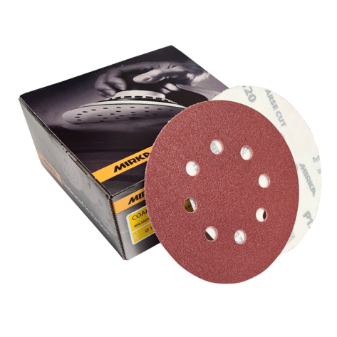 Product photography of Mirka 125mm Coarse Cut Sanding Discs (8 Holes) P60 Grit - Pack of 50, 4061605060 