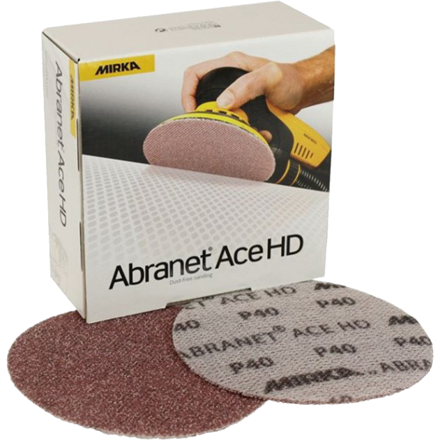 The Mirka 125mm Abranet ACE HD Sanding Discs with P120 Grit. Supplied in a pack of 25 and part of a larger range of sanding discs from Fusion Fixings