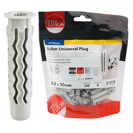 6 x 30mm Universal Nylon Wall Plugs - Screw Size 4.5mm - 50mm (Box of 200)