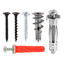 A range of plasterboard fixings to suit numerous tasks. Range includes cavity wall anchors, metal speed plugs & screws, and Rosett multi-fix cavity fixings.