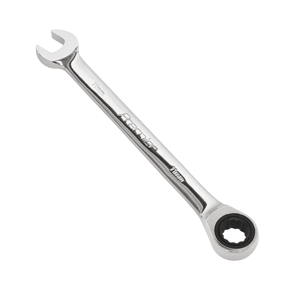 Product photography for 11mm Sealey Combination Ratchet Spanner (RCW11) part of an expanding range from Fusion Fixings