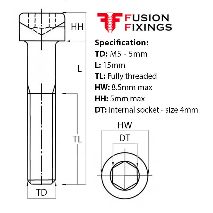 Size guide for the M5 x 15mm Socket Cap Head Screw, Self Colour, DIN 912