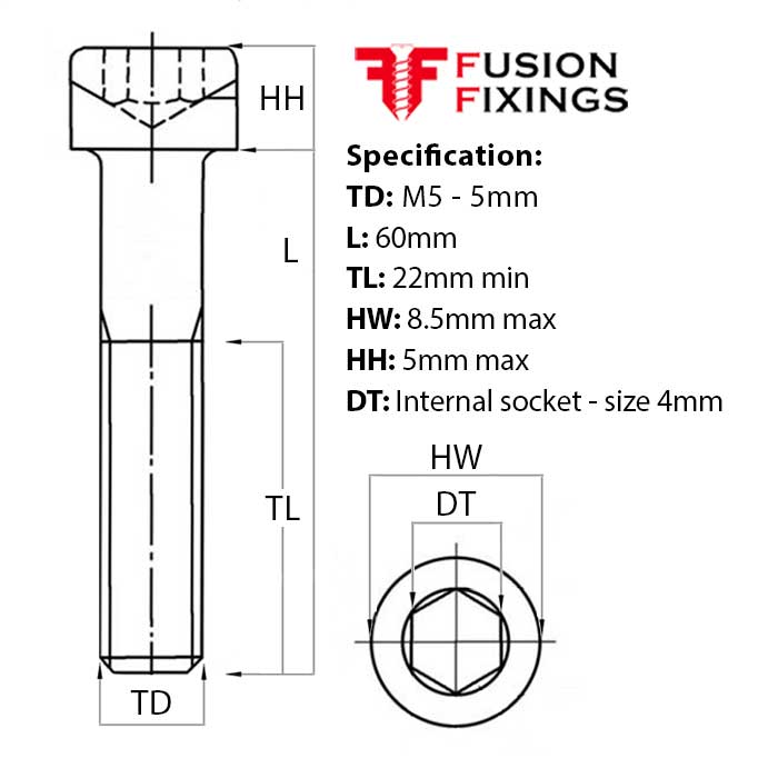 Size guide for the M5 x 60mm Socket Cap Head Screw, Self Colour, DIN 912