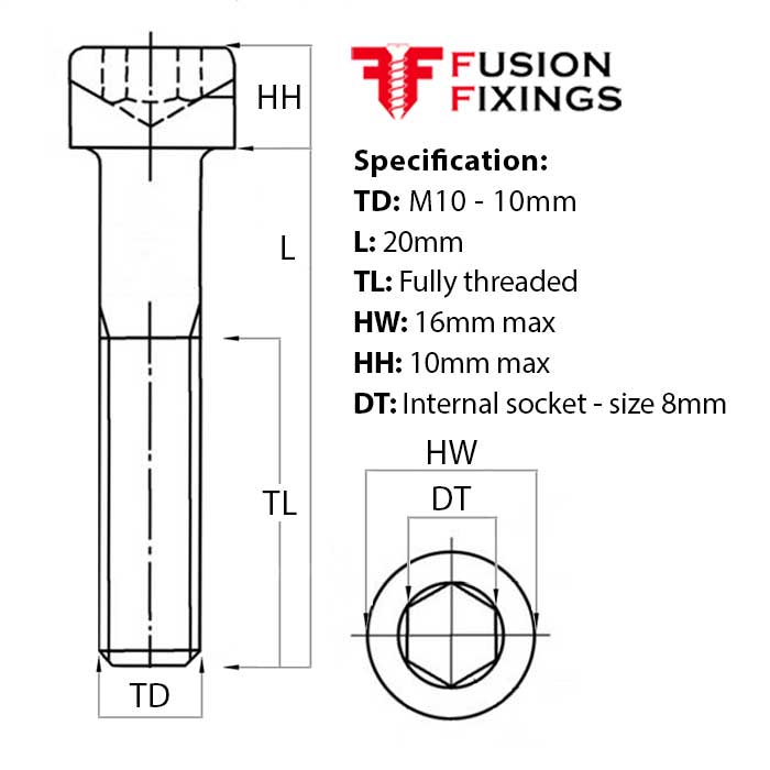 Size guide for the M10 x 20mm Socket Cap Head Screw, Self Colour, DIN 912. Part of a growing range of self colour cap head screws now available. 