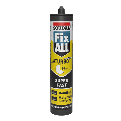 Soudal Fix All Turbo Adhesive and Sealant, White 290ml (122236). Part of a larger range of adhesives from Fusion Fixings
