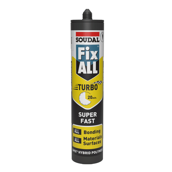 Soudal Fix All Turbo Adhesive and Sealant, White 290ml (122236). Part of a larger range of adhesives from Fusion Fixings