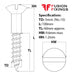 Size guide for 5mm (No.10) x 100mm Slotted Raised Countersunk Wood Screw, A2 Stainless Steel, DIN 95