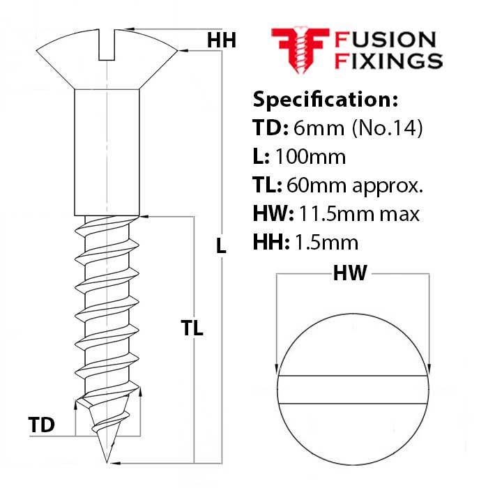 Size guide for 6mm (No.14) x 100mm Slotted Raised Countersunk Wood Screw, A2 Stainless Steel, DIN 95