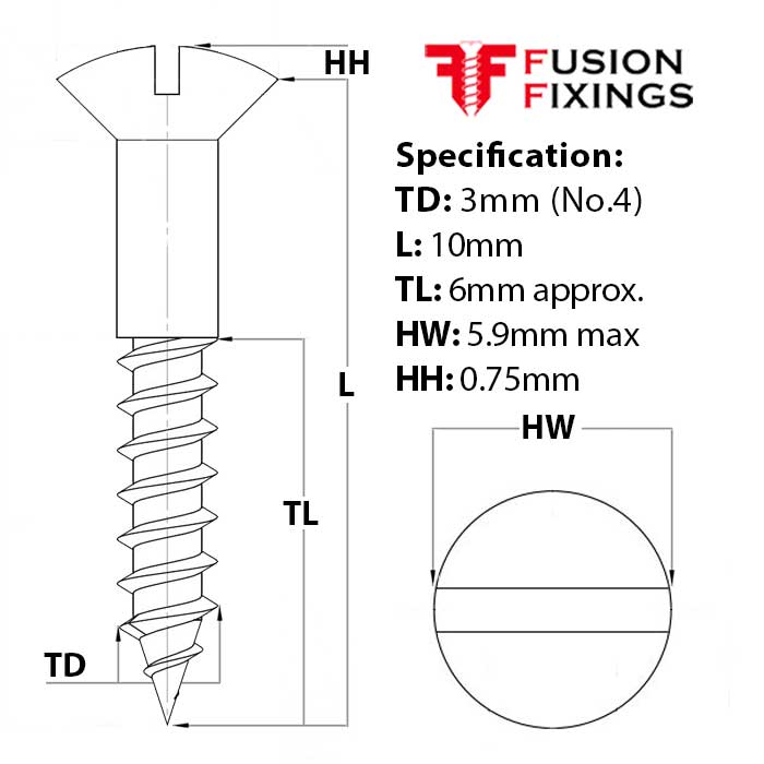 Size guide for 3mm (No.4) x 10mm Slotted Raised Countersunk Wood Screw, A2 Stainless Steel, DIN 95