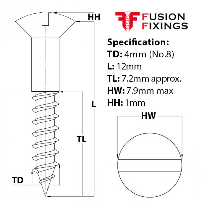 Size guide for 4mm (No.8) x 12mm Slotted Raised Countersunk Wood Screw, A2 Stainless Steel, DIN 95