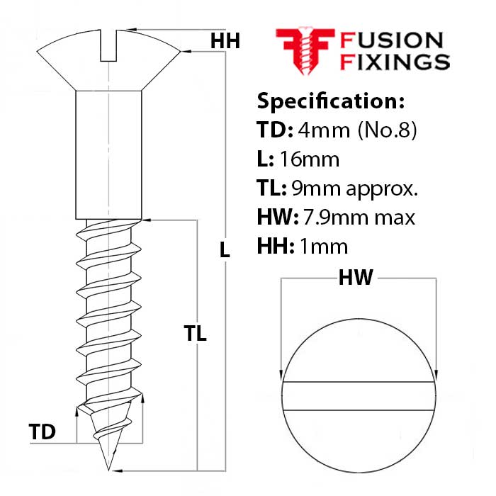 Size guide for 4mm (No.8) x 16mm Slotted Raised Countersunk Wood Screw, A2 Stainless Steel, DIN 95