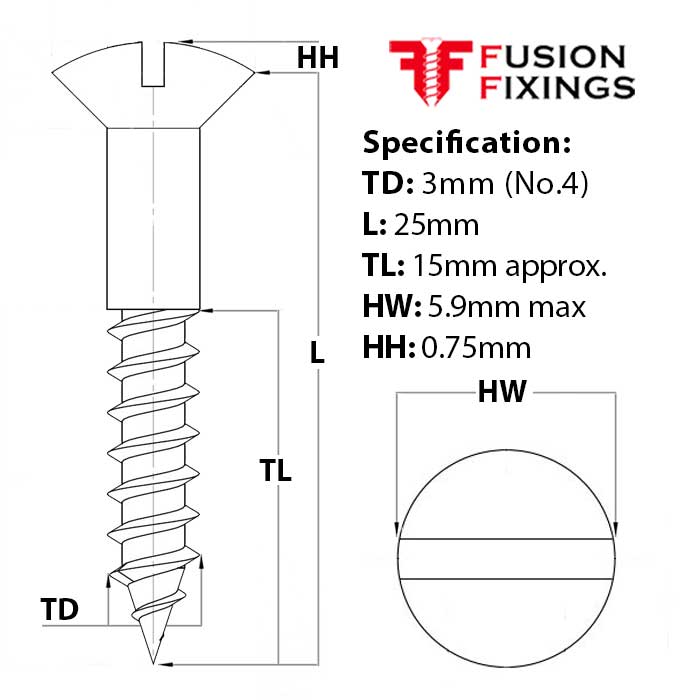 Size guide for 3mm (No.4) x 25mm Slotted Raised Countersunk Wood Screw, A2 Stainless Steel, DIN 95