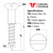 Size guide for 5mm (No.10) x 25mm Slotted Raised Countersunk Wood Screw, A2 Stainless Steel, DIN 95