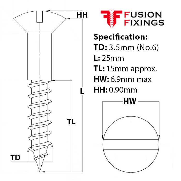 Size guide for 3.5mm (No.6) x 25mm Slotted Raised Countersunk Wood Screw, A2 Stainless Steel, DIN 95